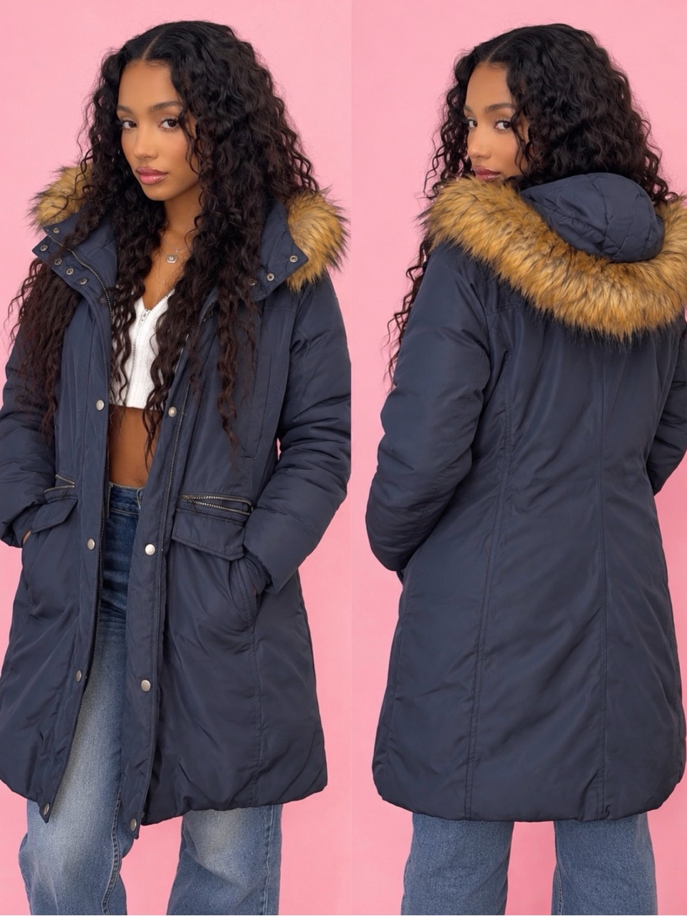 Marc New York Andrew Marc Navy Faux Fur Hood Long Parka – Size Large